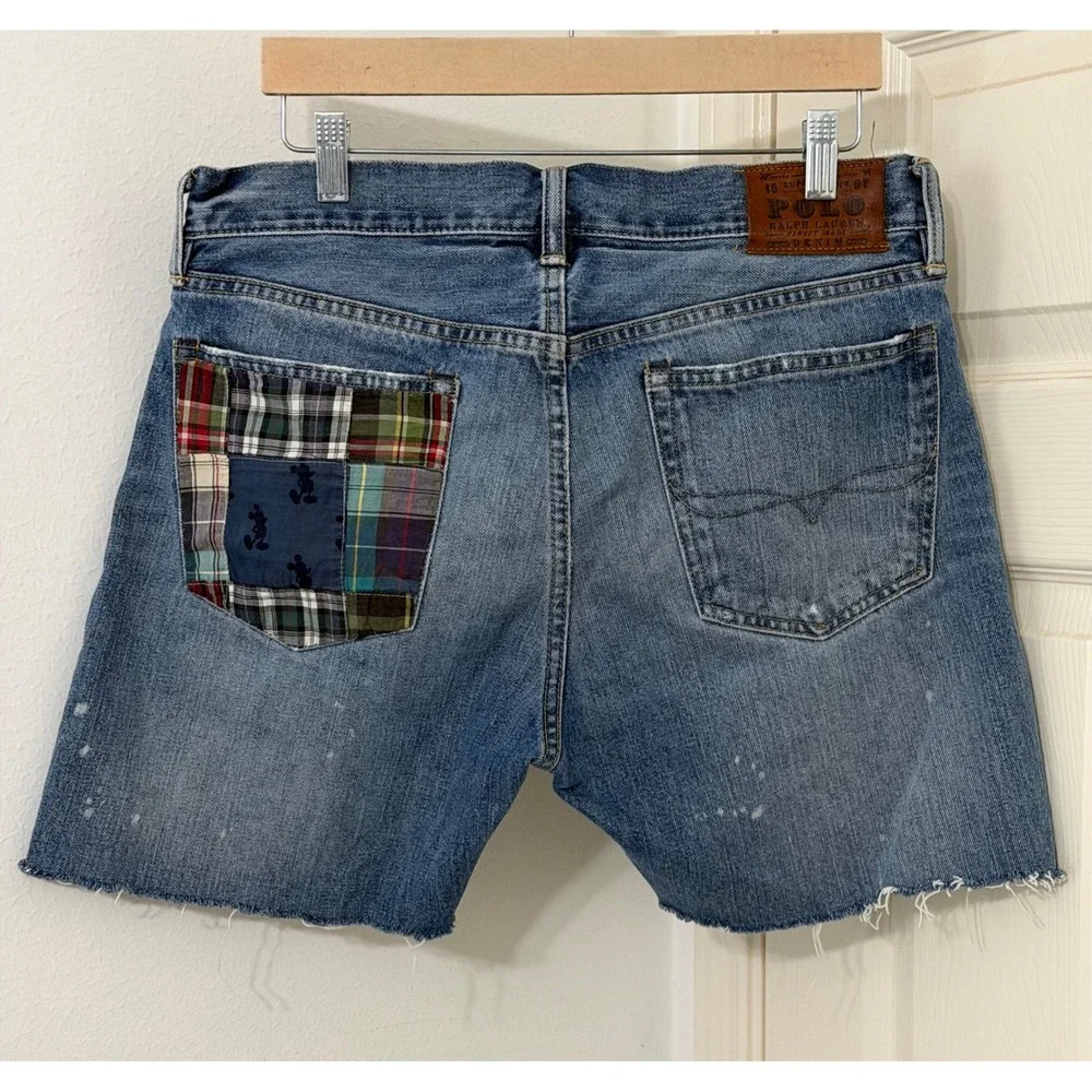 Polo‎ Ralph Lauren Mens sz 32 Patchwork Denim Shorts Mickey Mouse Plaid cutoff